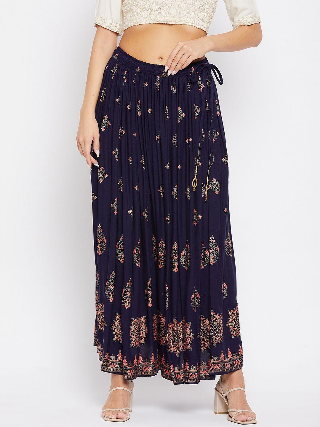 clora creation women navy blue & peach floral printed maxi length flared skirt