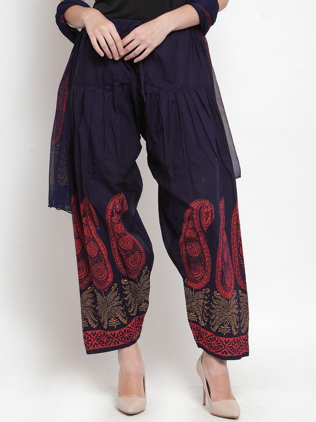 clora creation women navy blue & red printed salwar & dupatta set