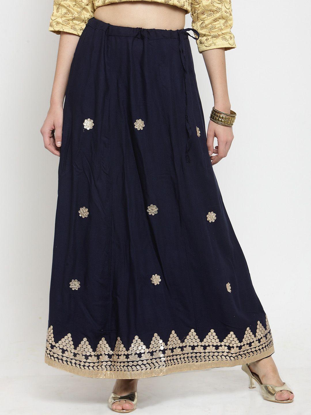 clora creation women navy blue embellished flared maxi skirt