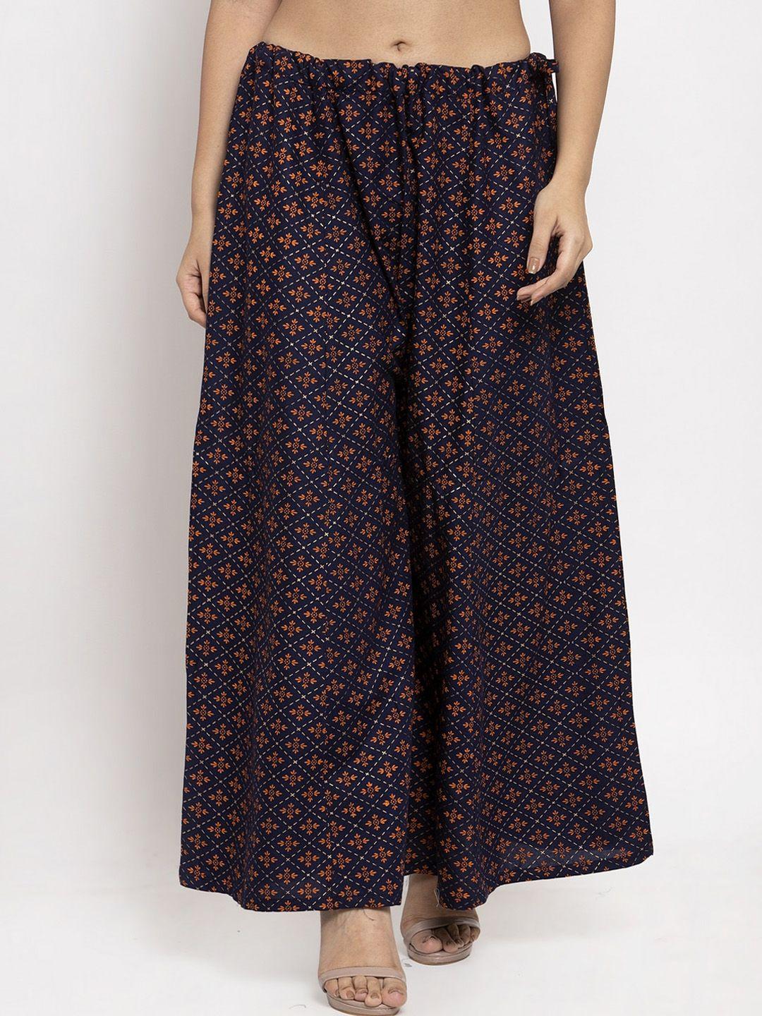 clora creation women navy blue printed wide leg palazzos