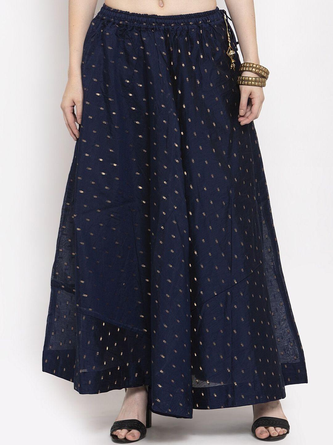 clora creation women navy blue woven design flared maxi skirt