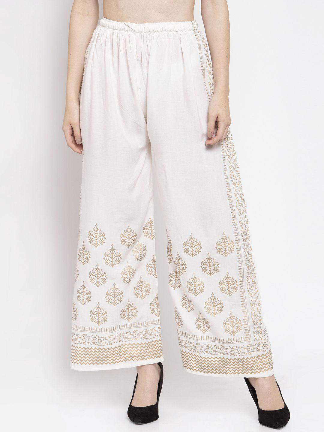 clora creation women off-white & golden printed wide leg palazzos