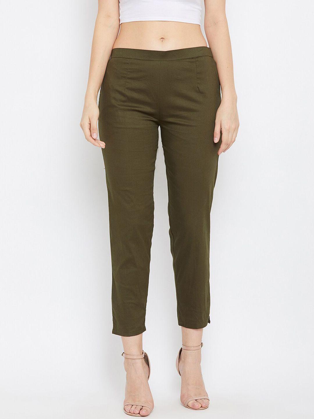 clora creation women olive green slim fit cigerette trousers