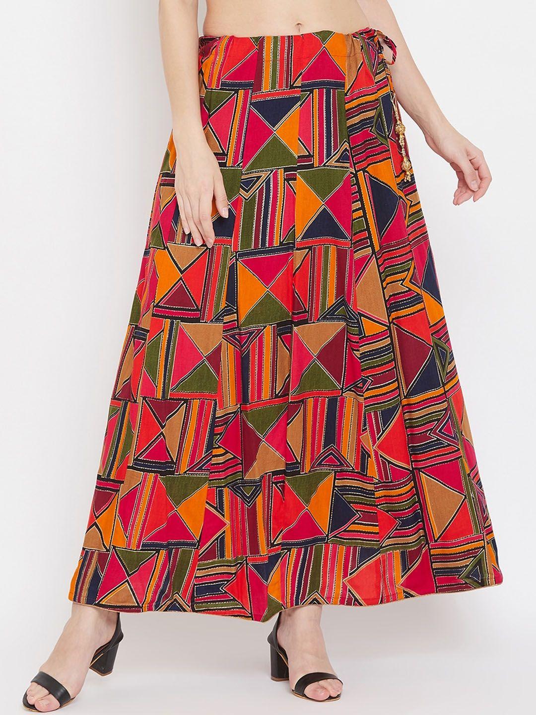 clora creation women orange & navy blue geometric printed flared maxi skirt