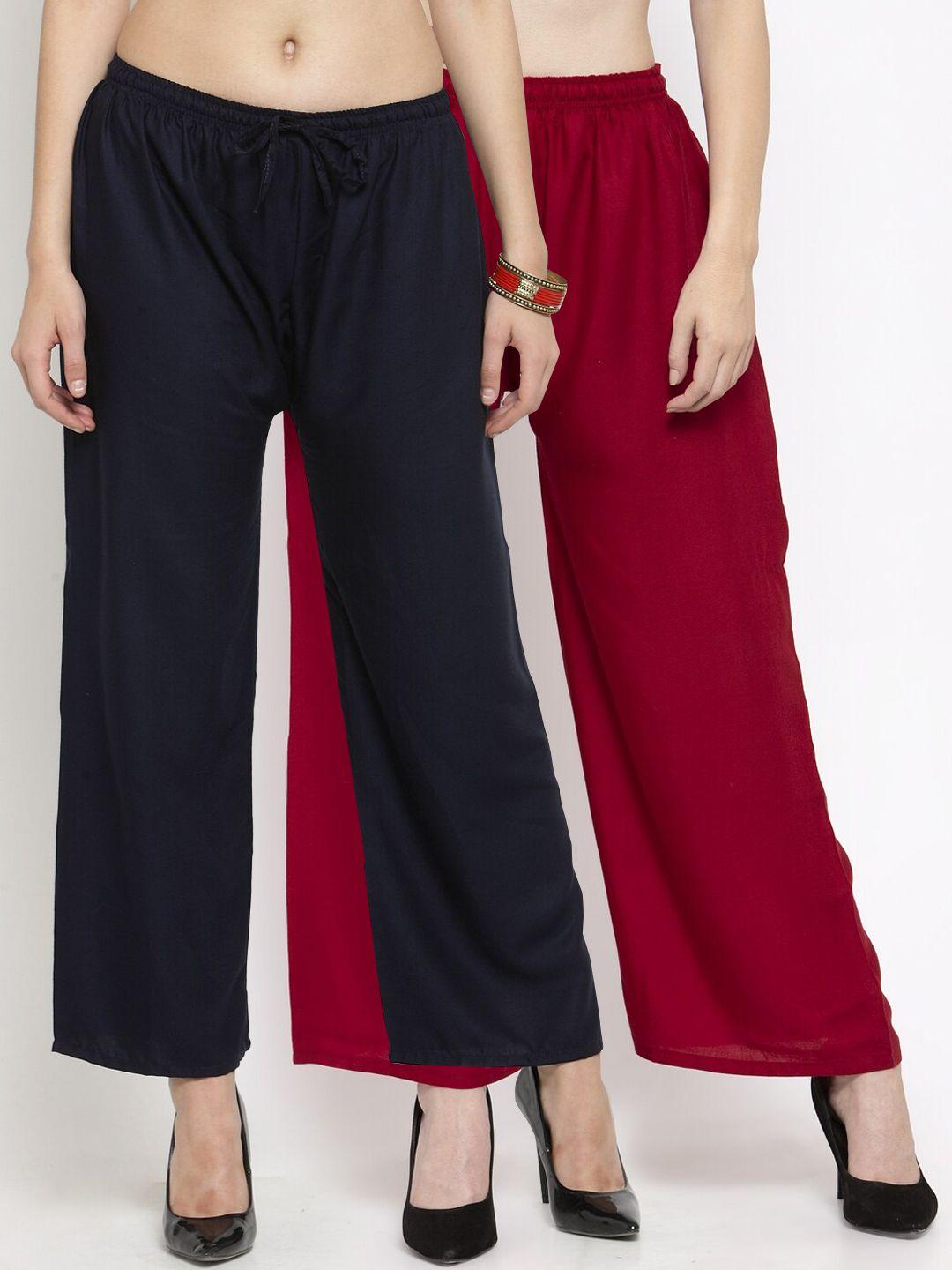 clora creation women pack of 2 black & maroon solid straight palazzos