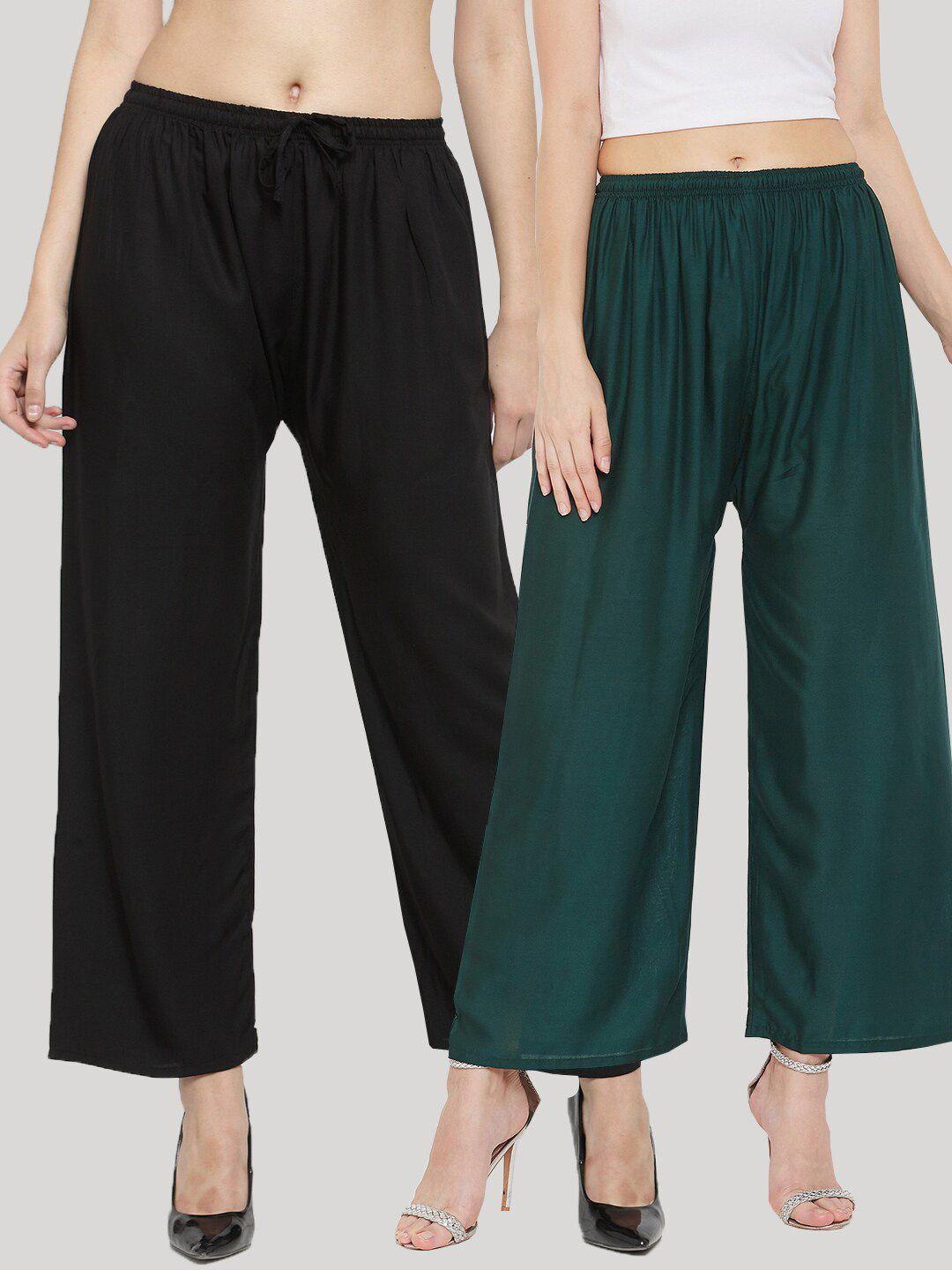 clora creation women pack of 2 green & black solid palazzos