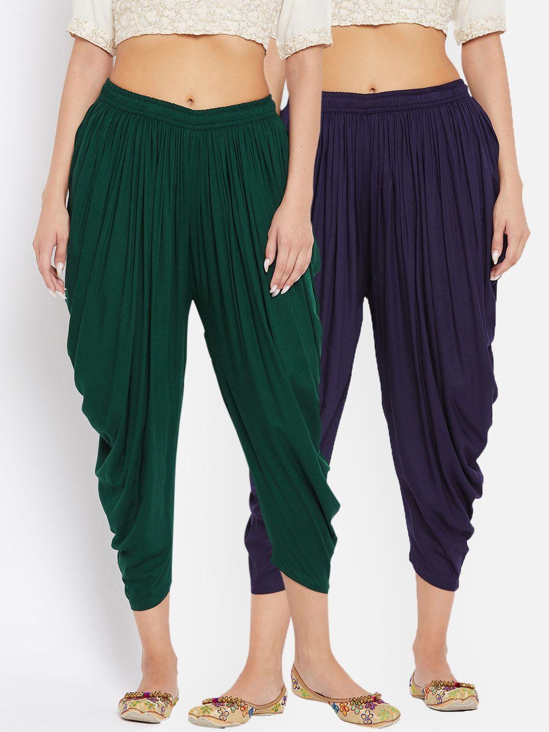 clora creation women pack of 2 green & navy blue solid dhoti salwar