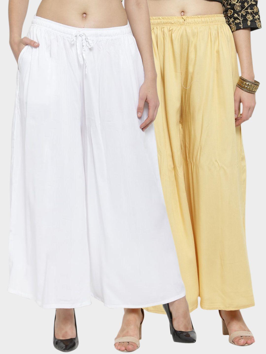 clora creation women pack of 2 off-white & beige solid wide leg palazzos