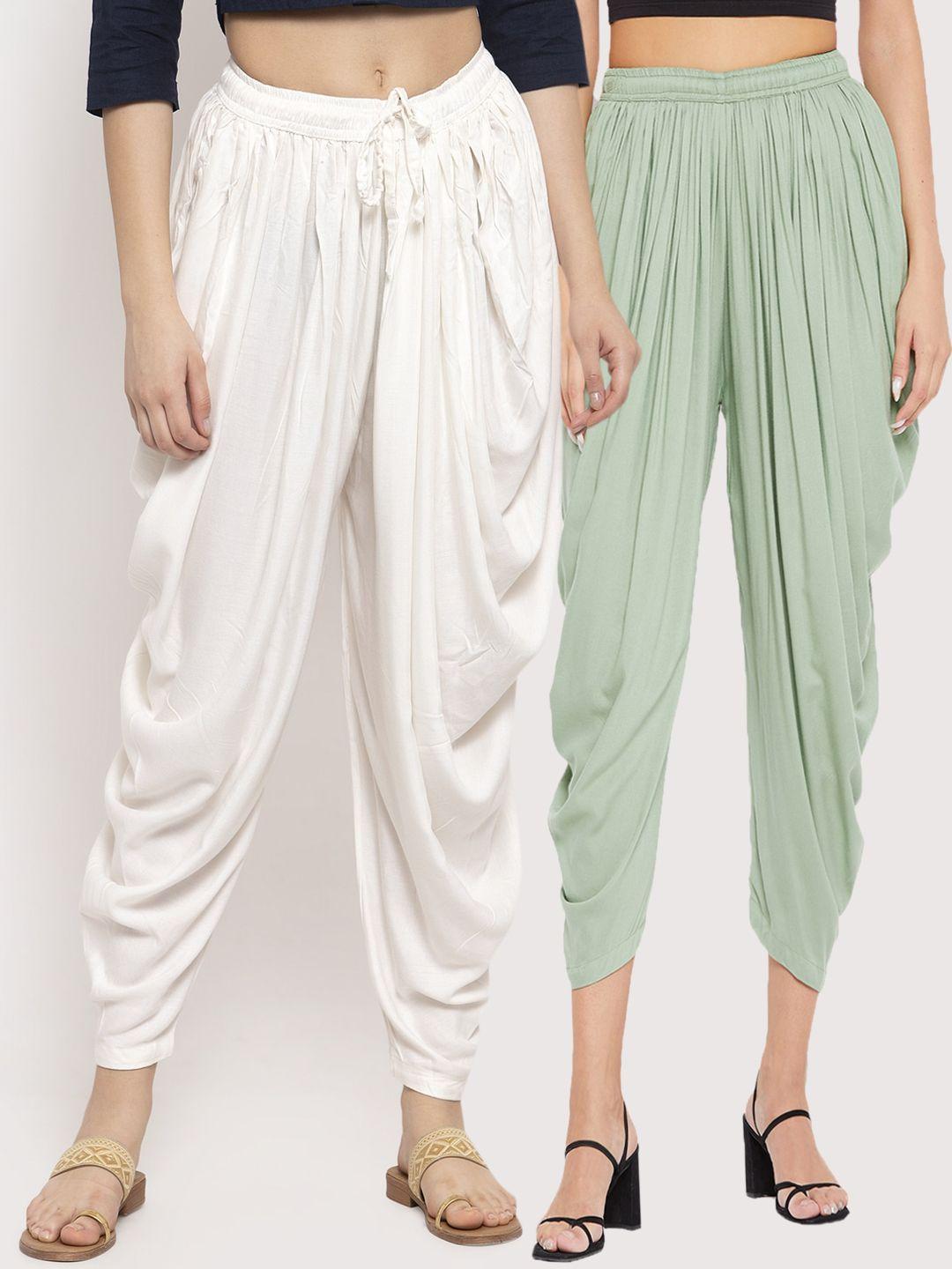 clora creation women pack of 2 off-white & pista green solid dhoti pants