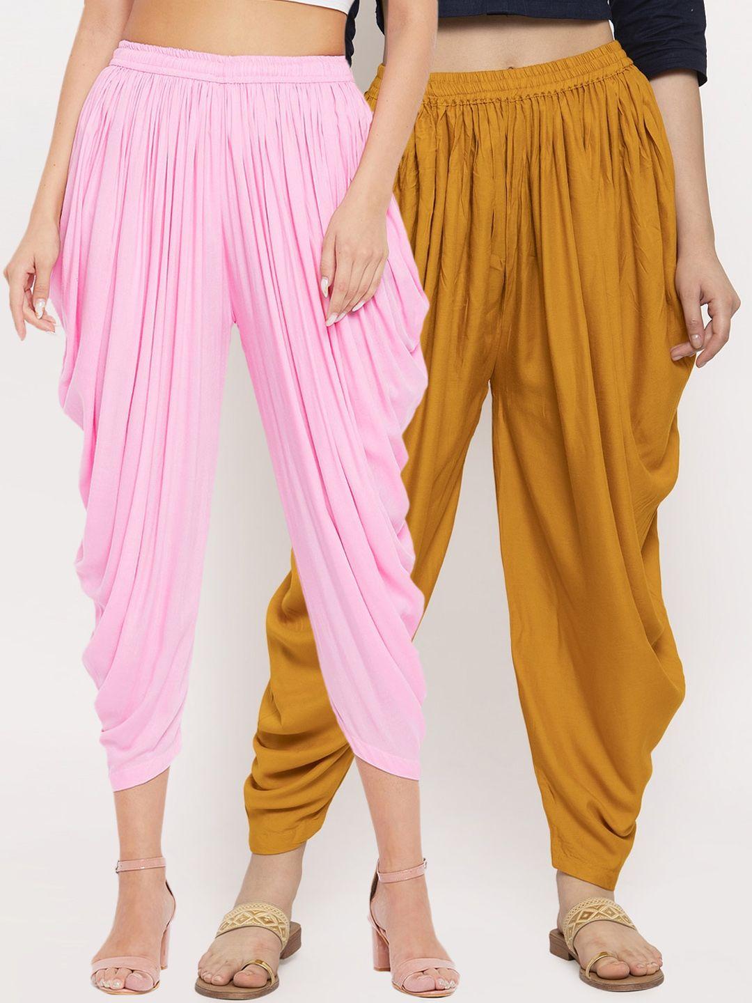 clora creation women pack of 2 peach & mustard solid woven dhoti salwar