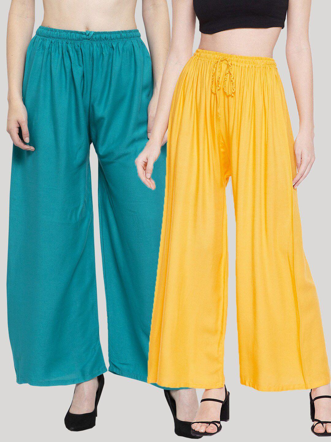 clora creation women pack of 2 turquoise blue & yellow 2 ethnic palazzos