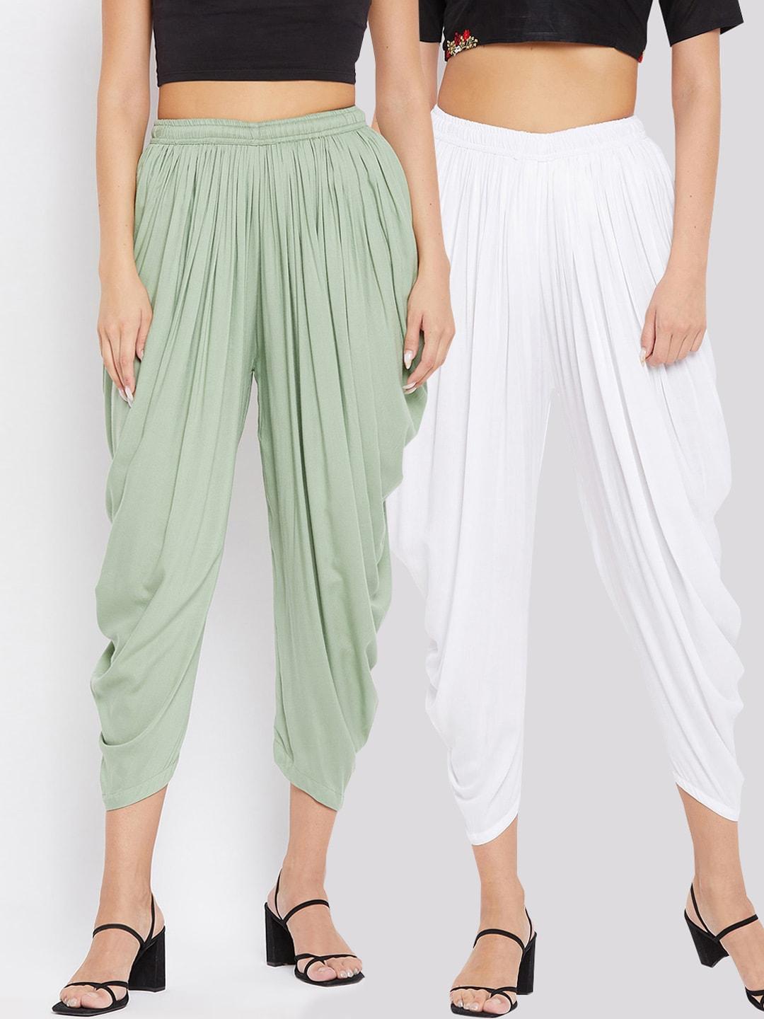 clora creation women pack of 2 white & mint green solid dhoti pants