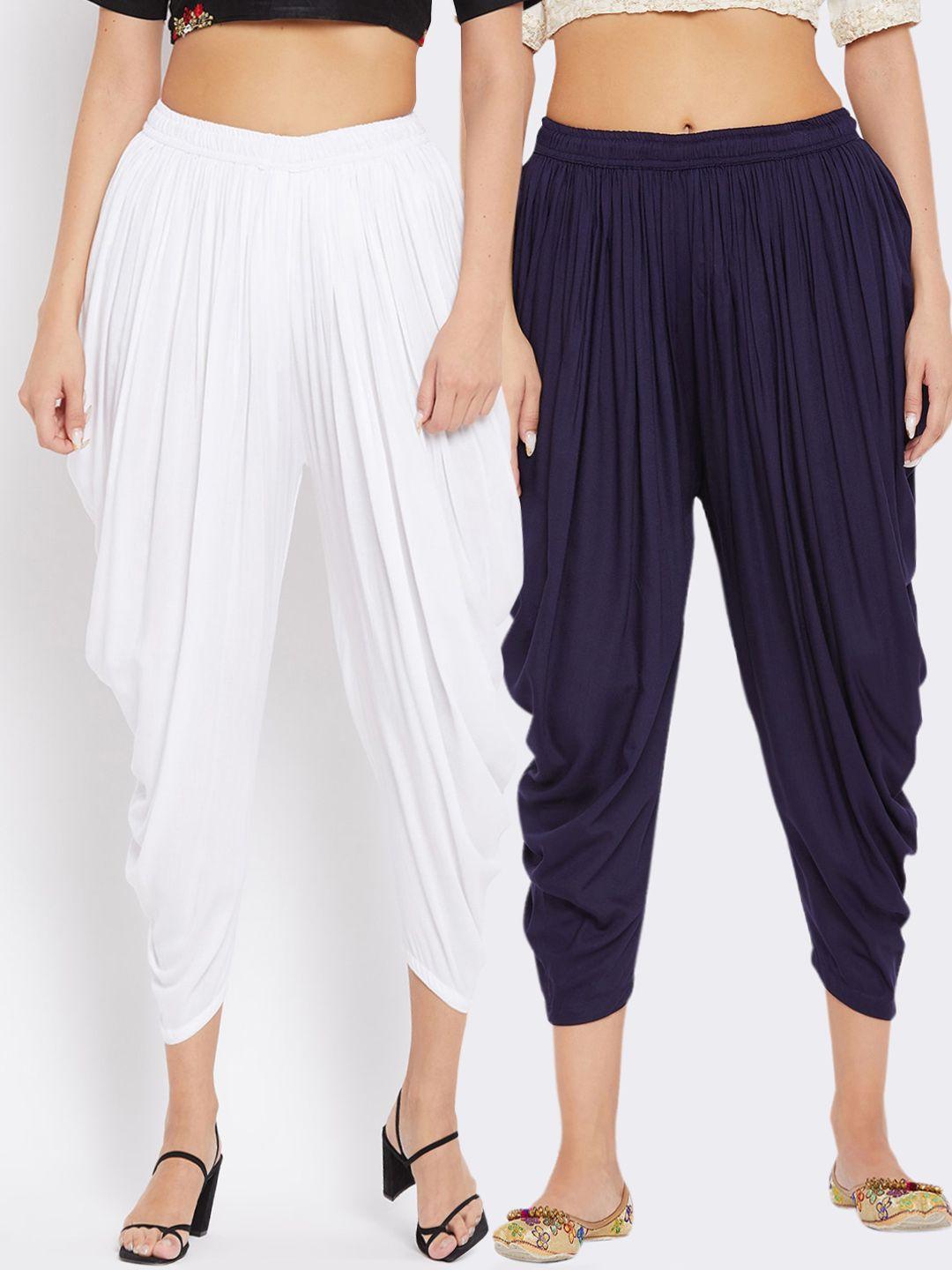 clora creation women pack of 2 white & navy blue solid rayon  dhotis