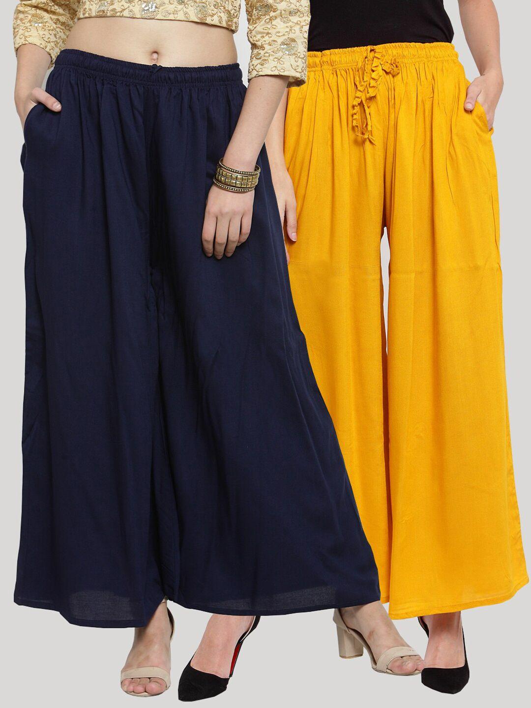 clora creation women pack of 2 yellow & navy blue knitted ethnic palazzos