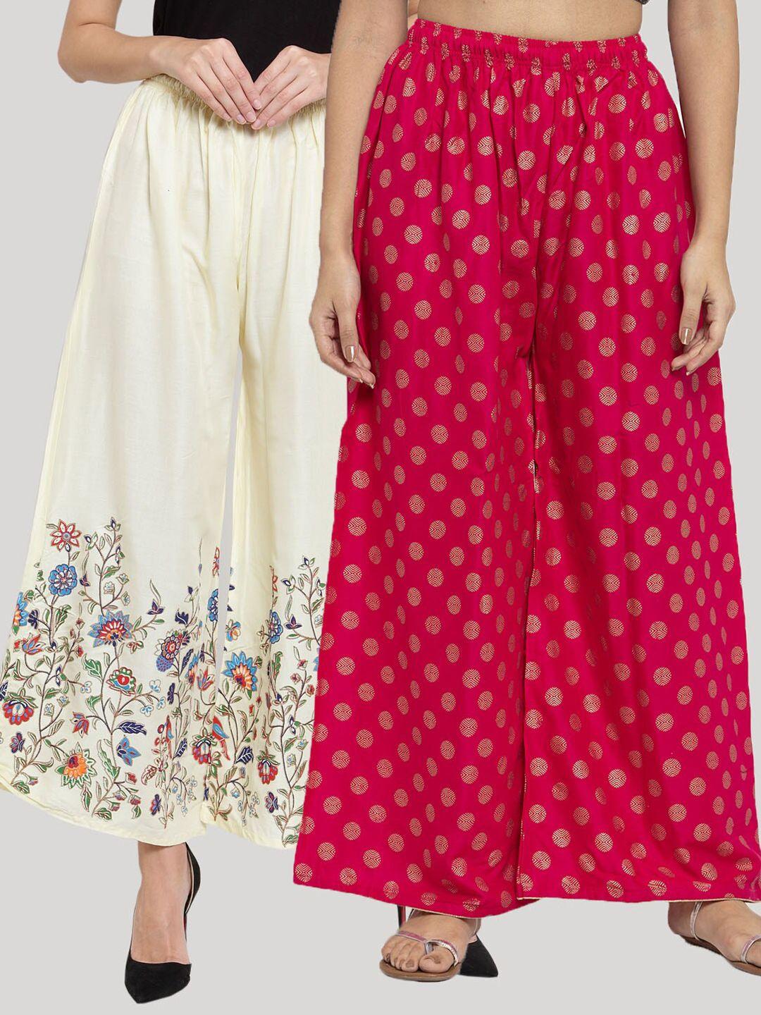 clora creation women pink & cream-coloured set of 2 floral printed knitted ethnic palazzos