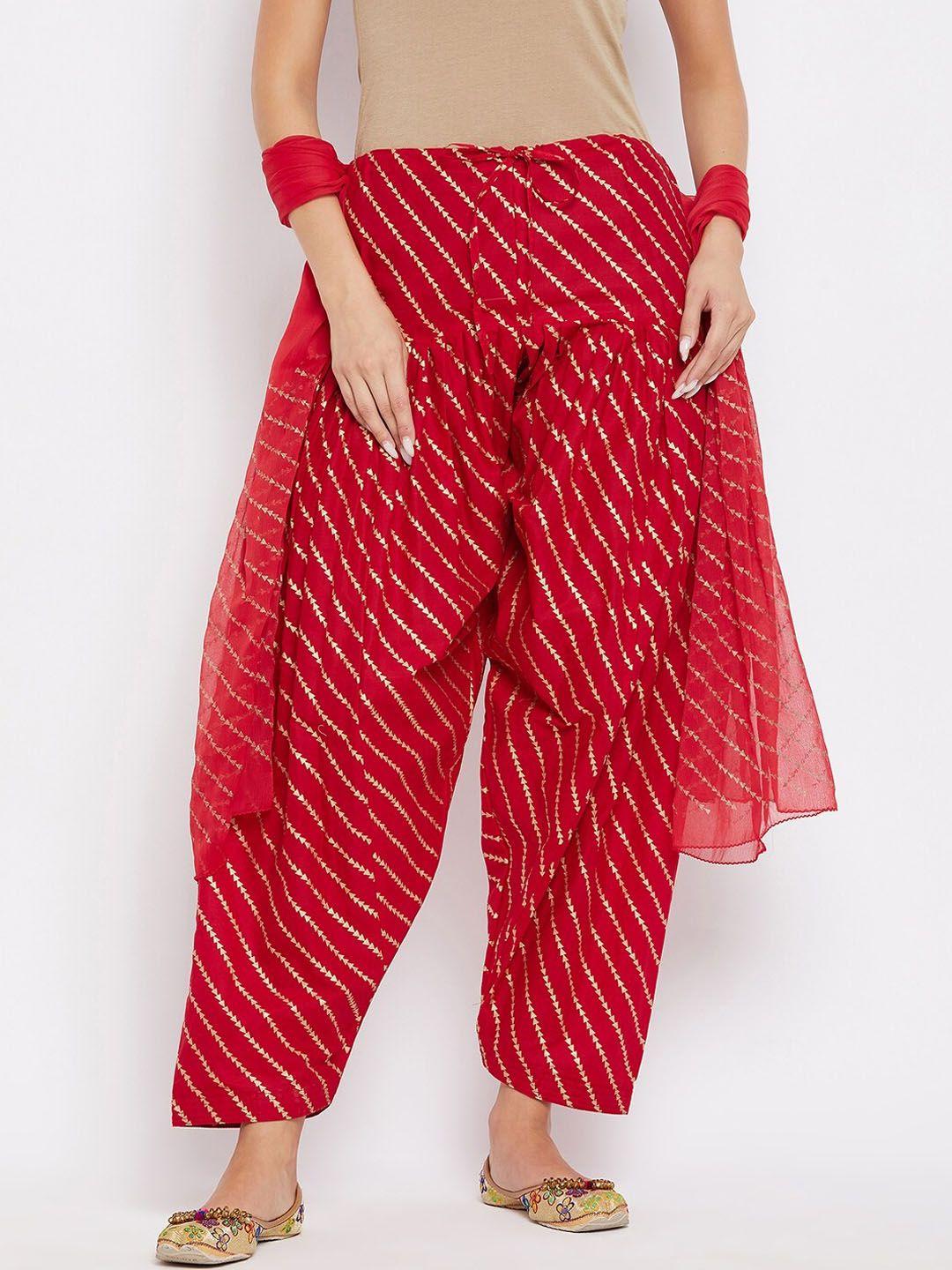 clora creation women red & gold-coloured leheriya printed loose-fit cotton salwar with dupatta
