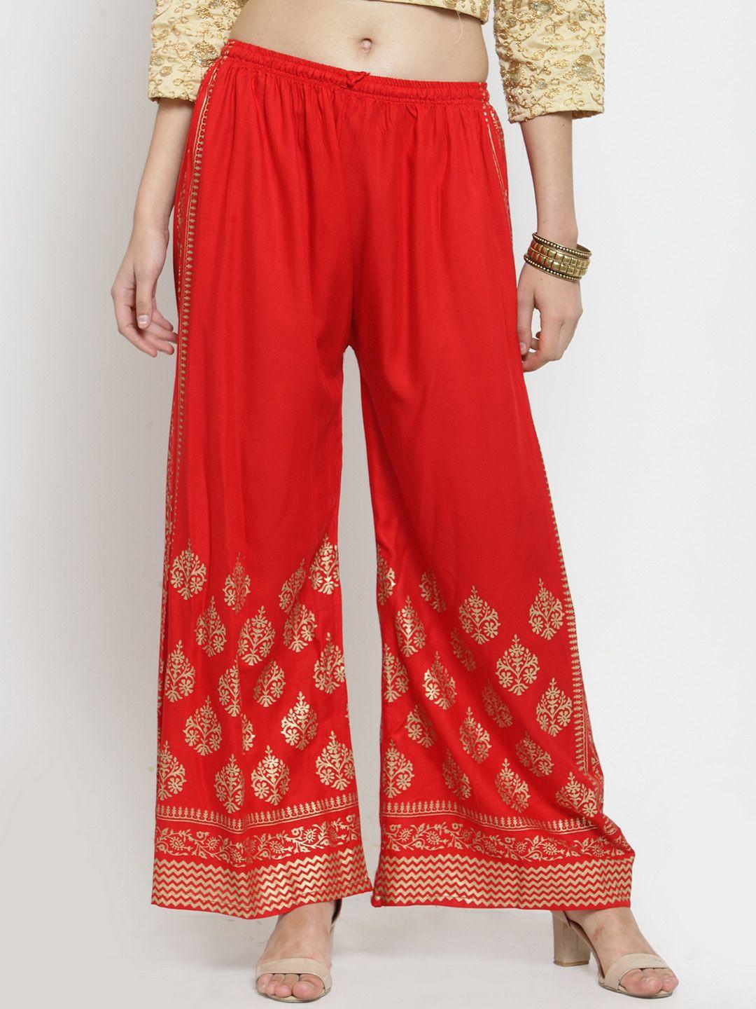 clora creation women red & gold-toned printed straight palazzos