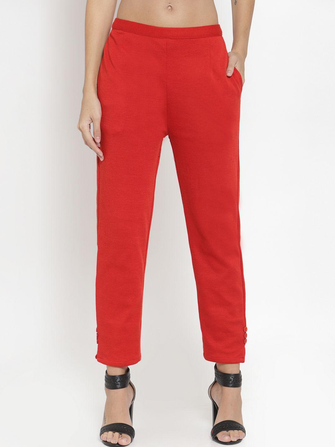 clora creation women red regular fit solid cropped woollen cigarette trousers