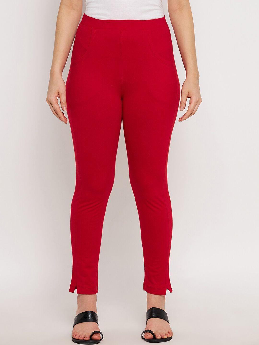 clora creation women red solid cotton ankle length leggings