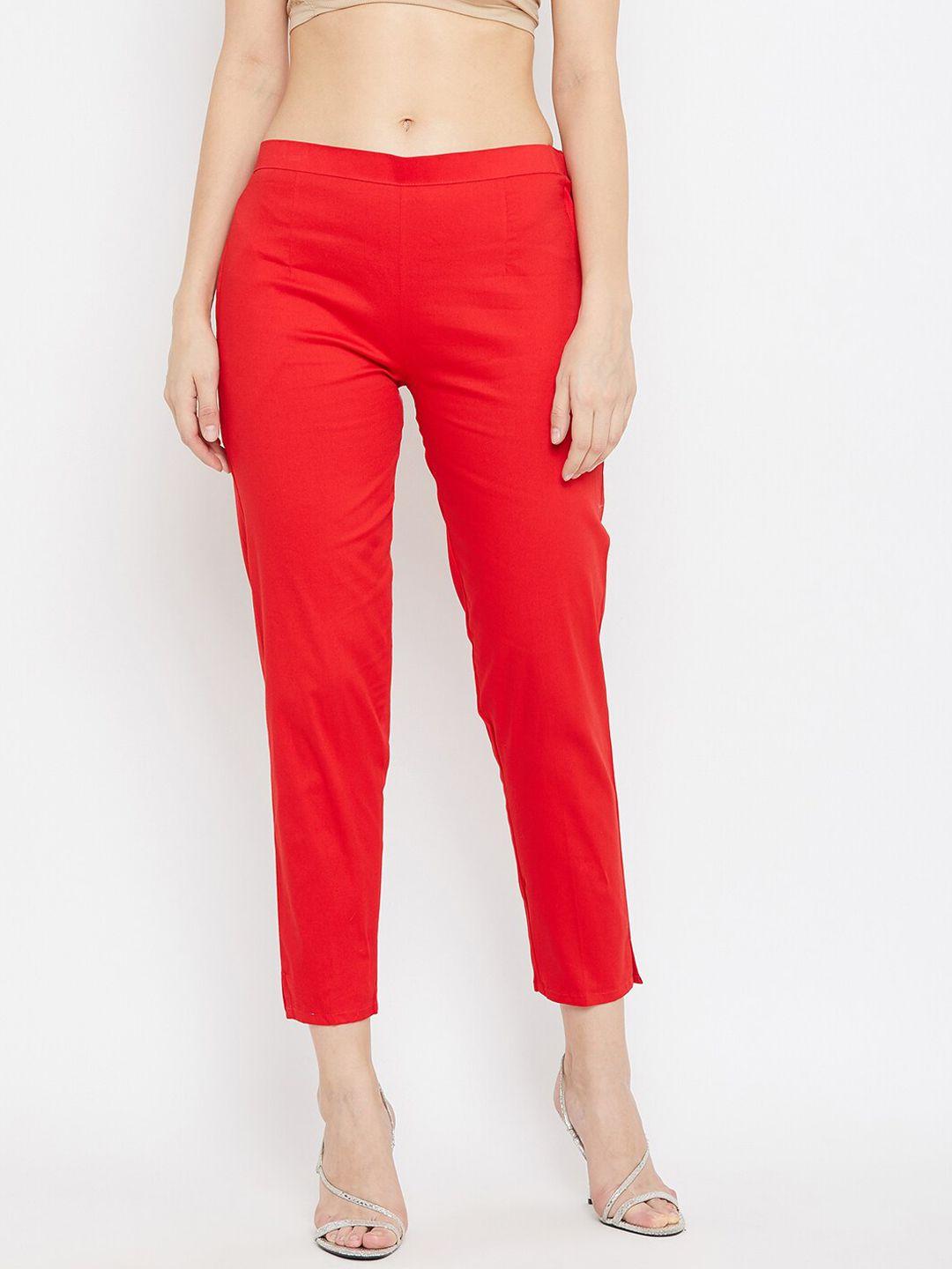 clora creation women red solid regular fit trousers