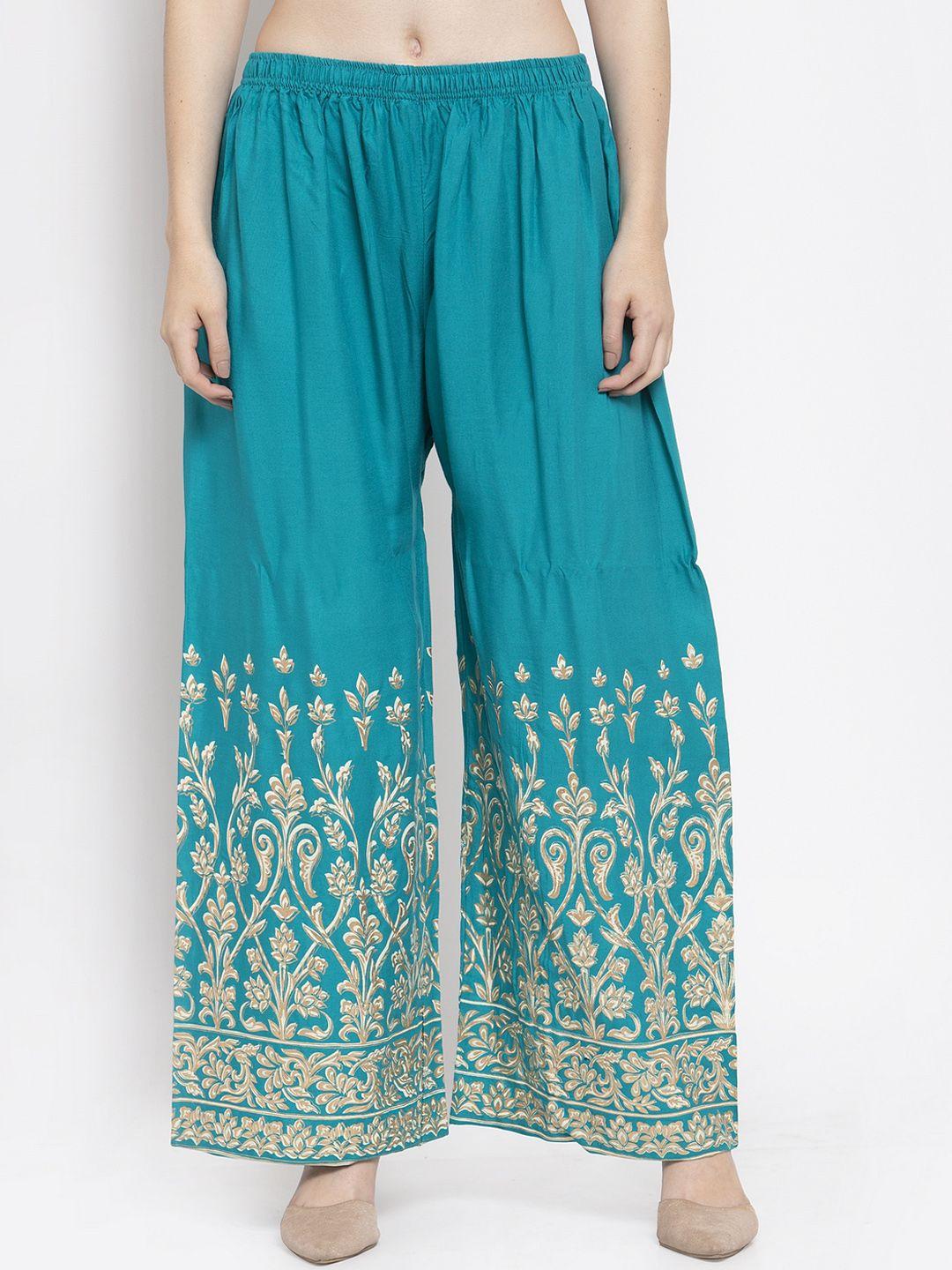 clora creation women teal blue printed wide leg palazzos