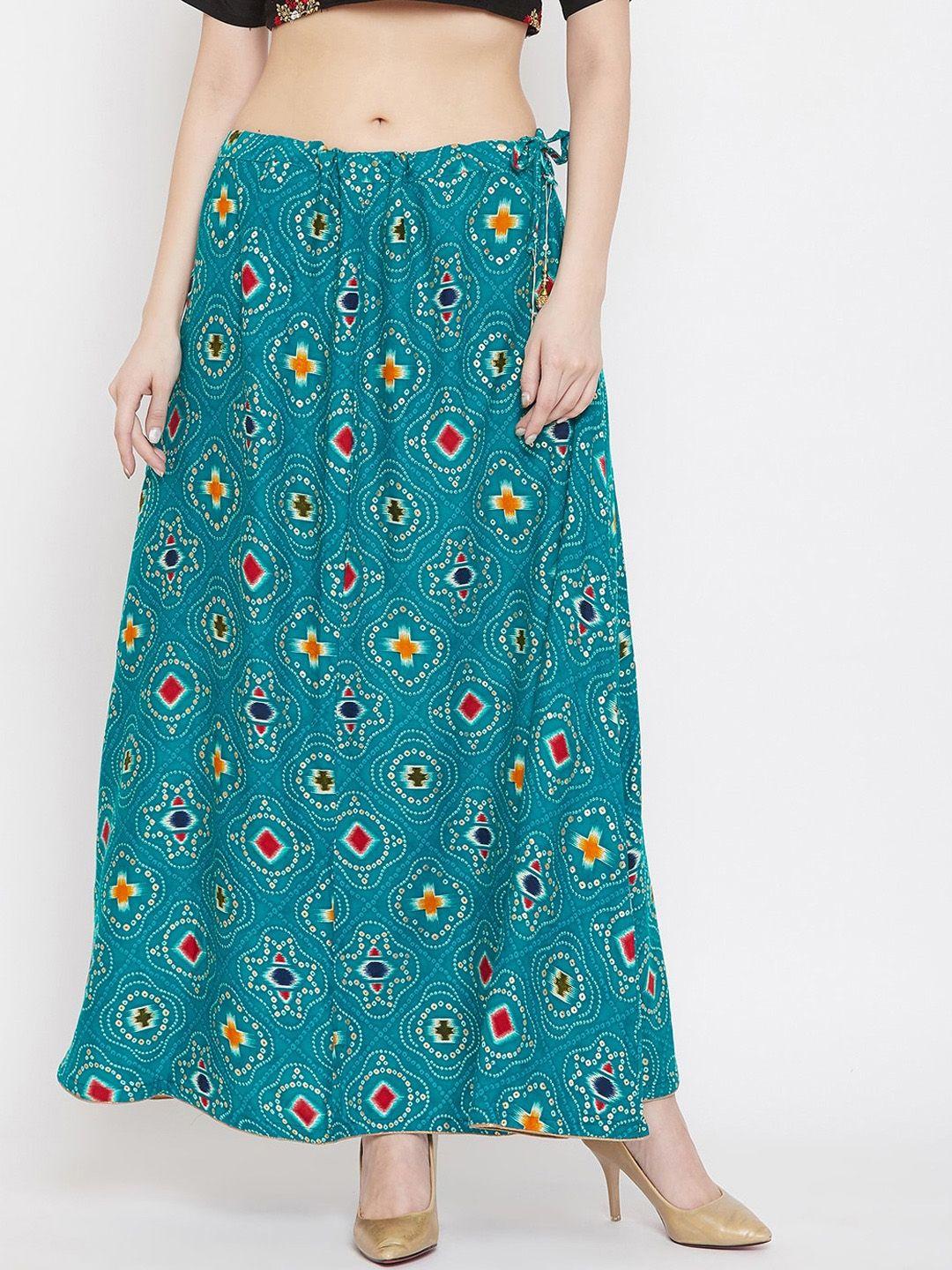 clora creation women turquoise blue & red printed flared maxi skirt