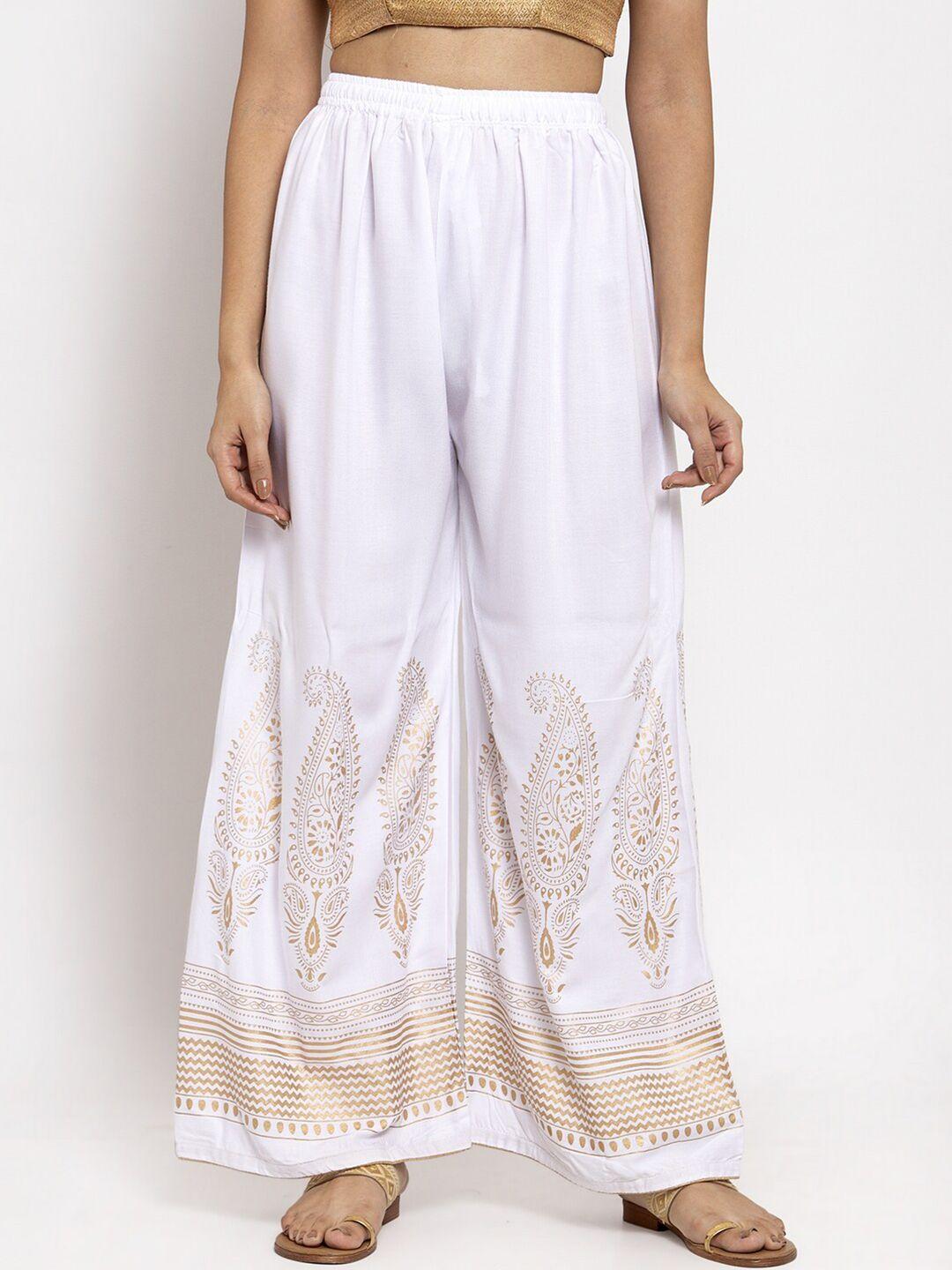 clora creation women white & gold-toned ethnic motifs printed palazzos