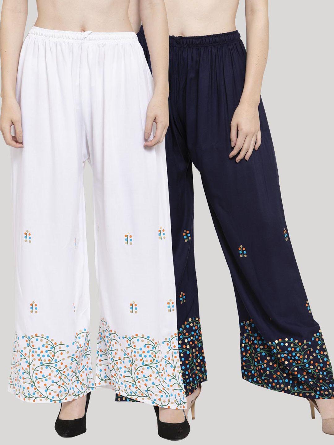 clora creation women white & navy blue pack of 2 printed ethnic palazzos