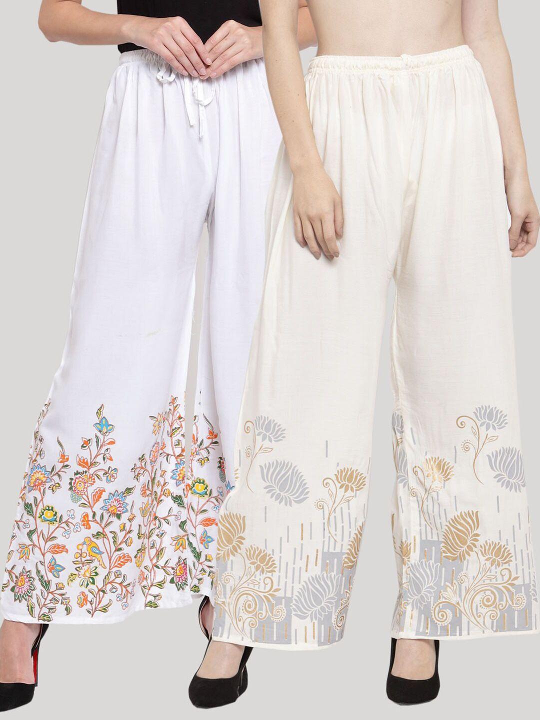 clora creation women white set of  2 floral printed knitted ethnic palazzos