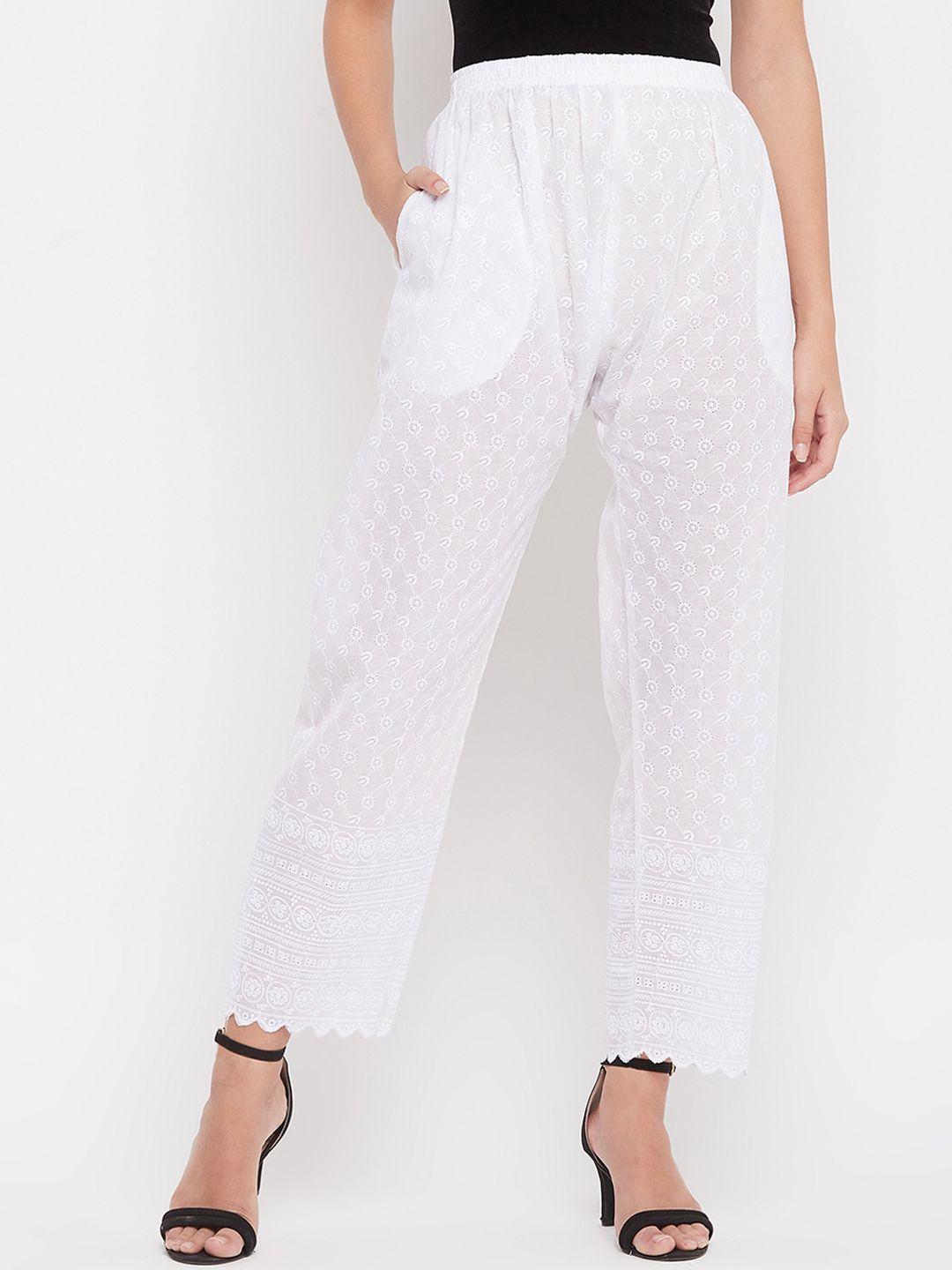 clora creation women white smart easy wash embroided trousers