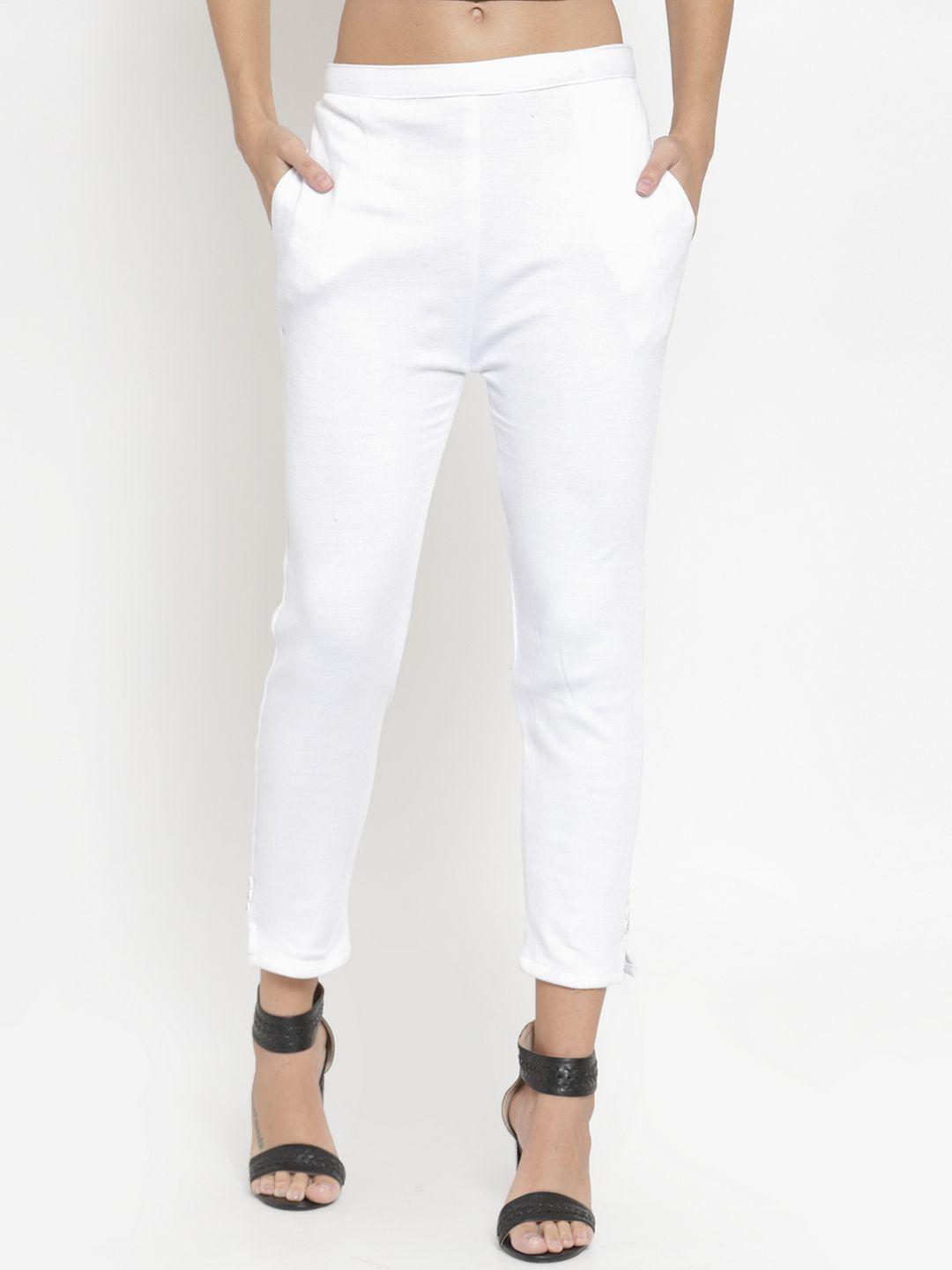 clora creation women white solid cropped woollen trousers