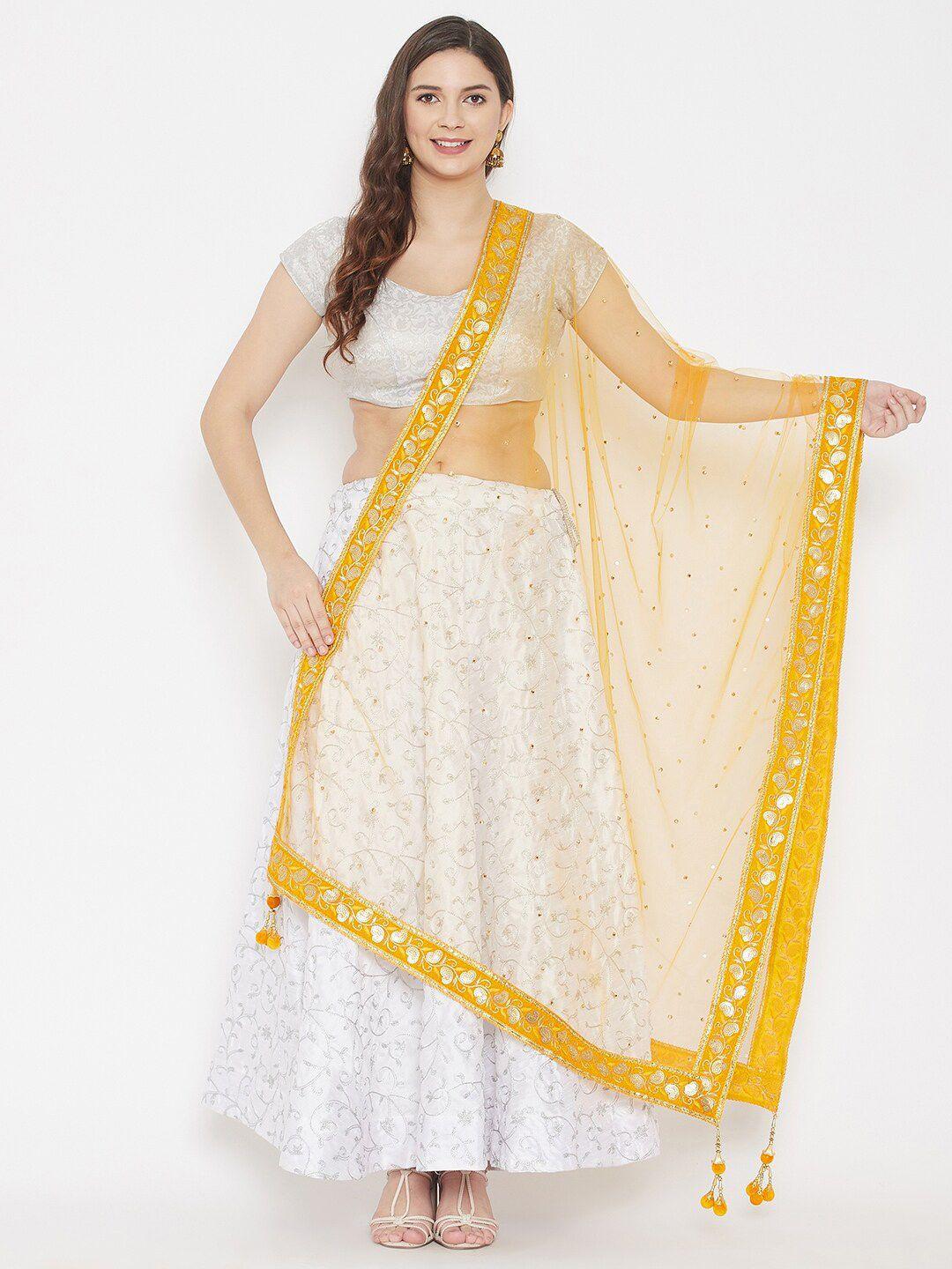 clora creation yellow & silver-toned ethnic motifs embroidered dupatta with sequinned