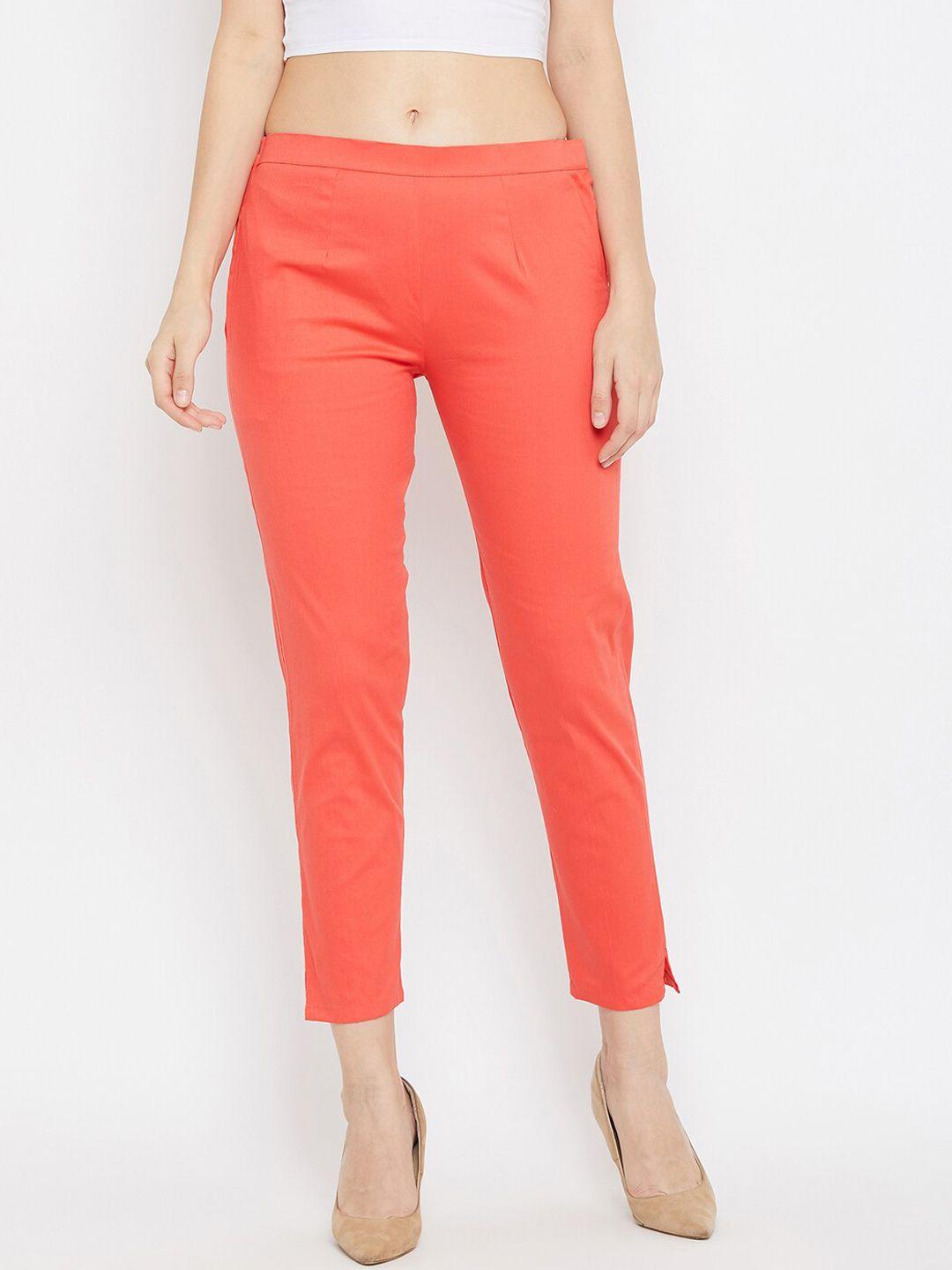 clora women peach-coloured regular fit solid cigarette trousers