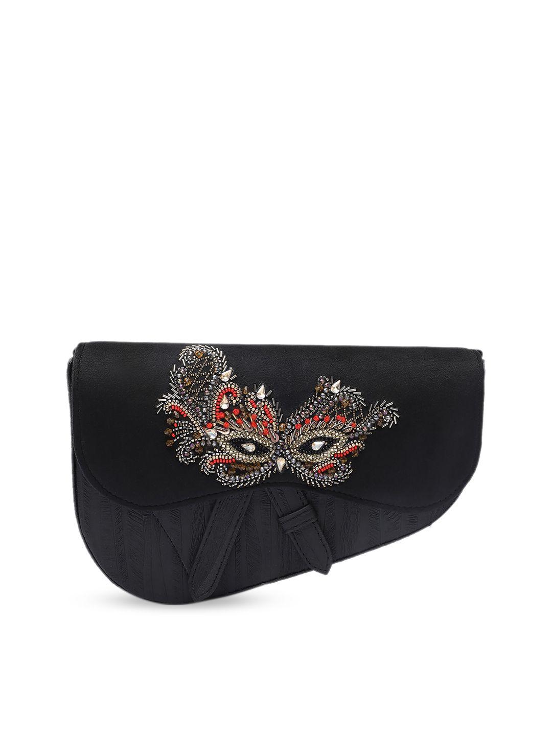 clotche geometric embellished leather half moon sling bag with bow detail