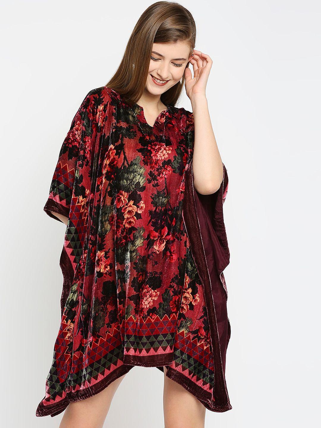 cloth haus india red & black floral printed v-neck flared sleeves velvet short kaftan