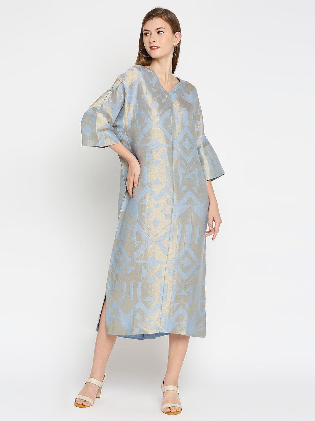 cloth haus india women blue ethnic motifs printed sleeves brocade midi top