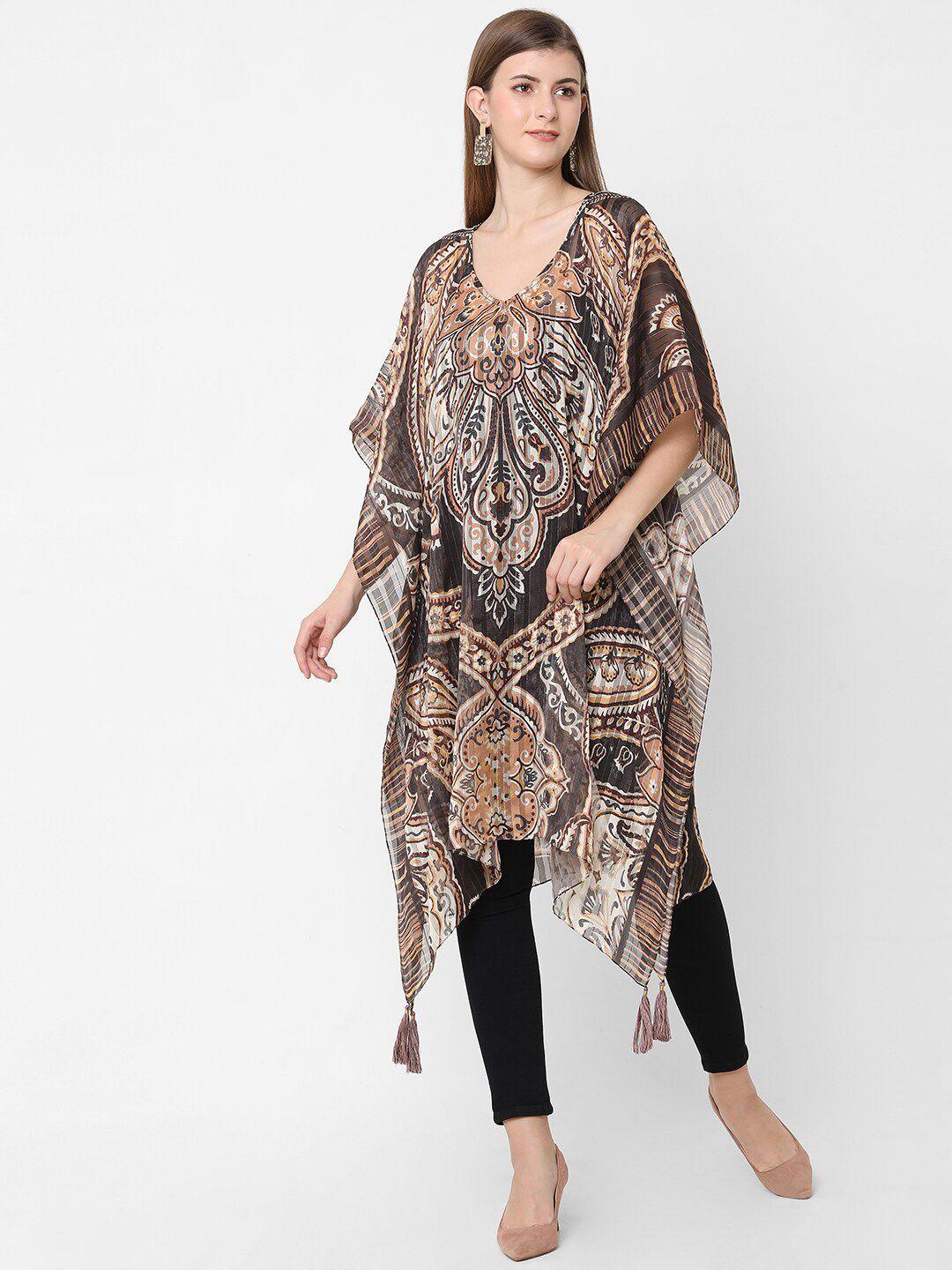 cloth haus india brown ethnic motifs chiffon kaftan midi dress