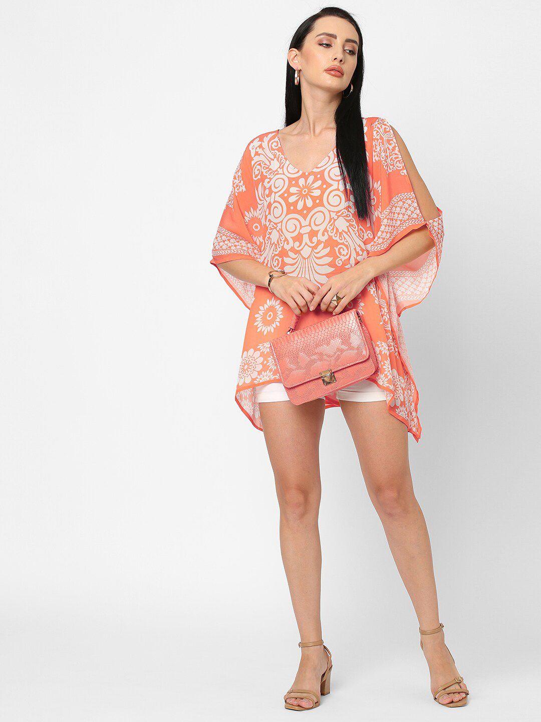 cloth haus india orange & coral pink floral print kaftan top