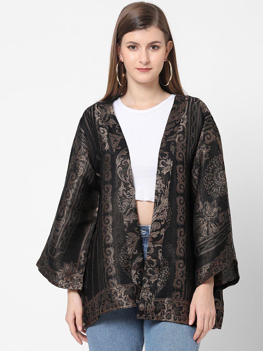 cloth haus india women black cotton longline open front brocade kimono jacket