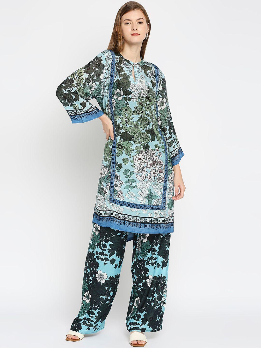 cloth haus india women blue & green floral printed flared sleeves printed kurta