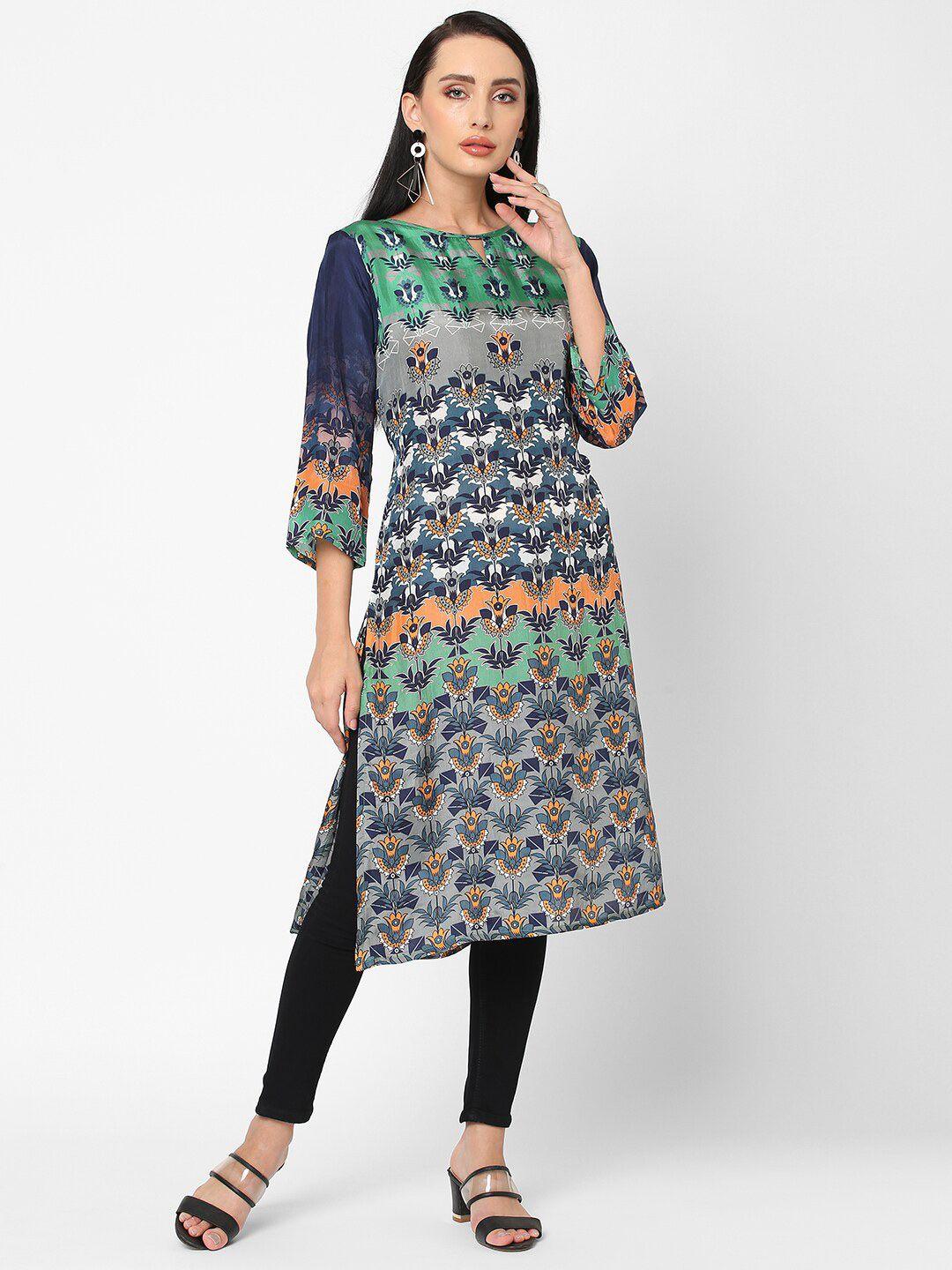 cloth haus india women green & blue ethnic motifs printed kurta