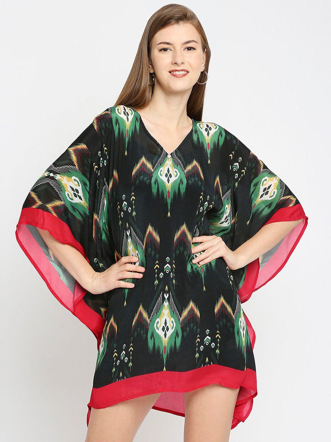 cloth haus india women green & red printed flared sleeves short kaftan