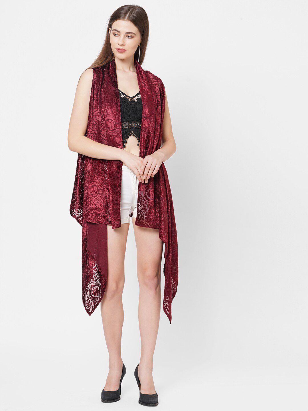 cloth haus india women maroon velvet self design sleeveless shrug