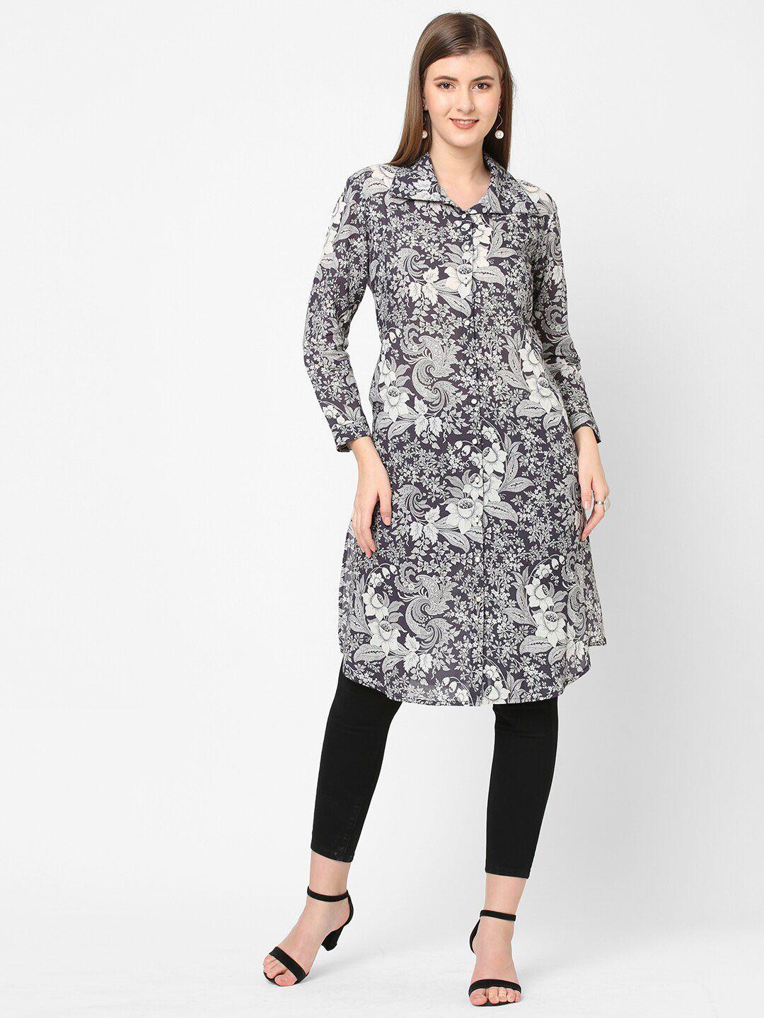 cloth haus india women navy blue & white floral printed kurta