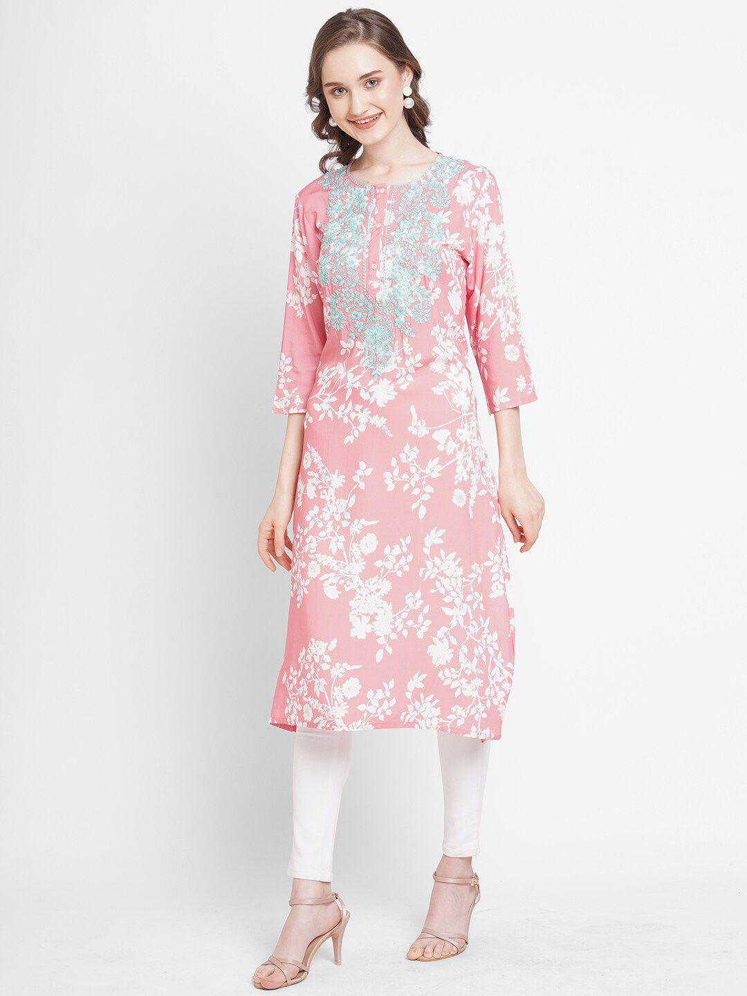 cloth haus india women pink & blue floral embroidered and print floral kurta