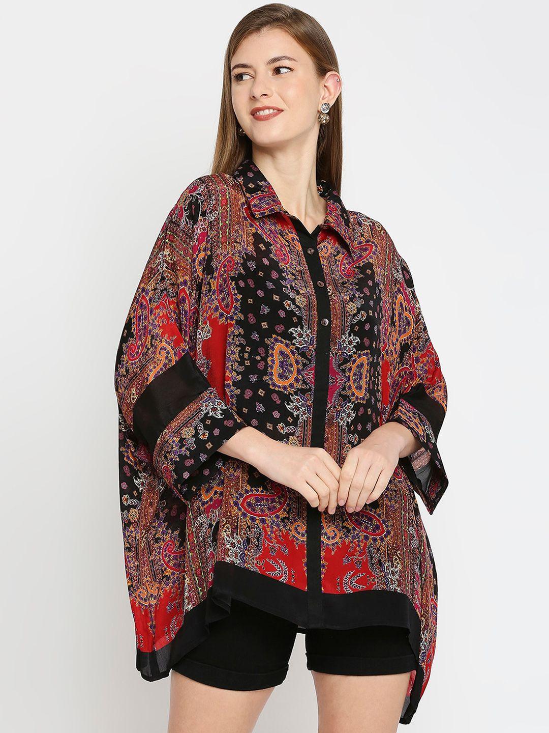 cloth haus india women red & black floral printed flared sleeves kurta