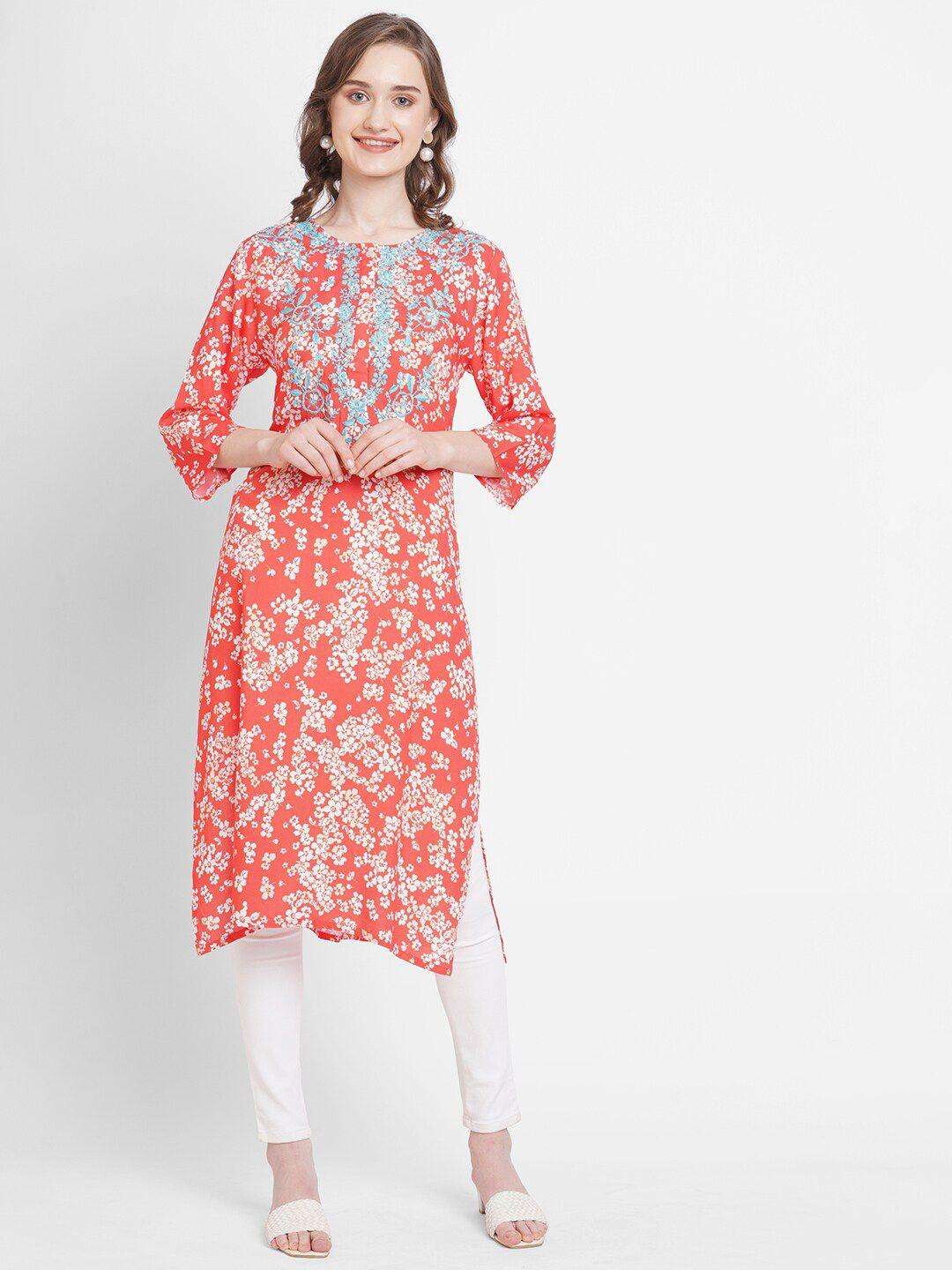 cloth haus india women red & blue floral printed floral kurta