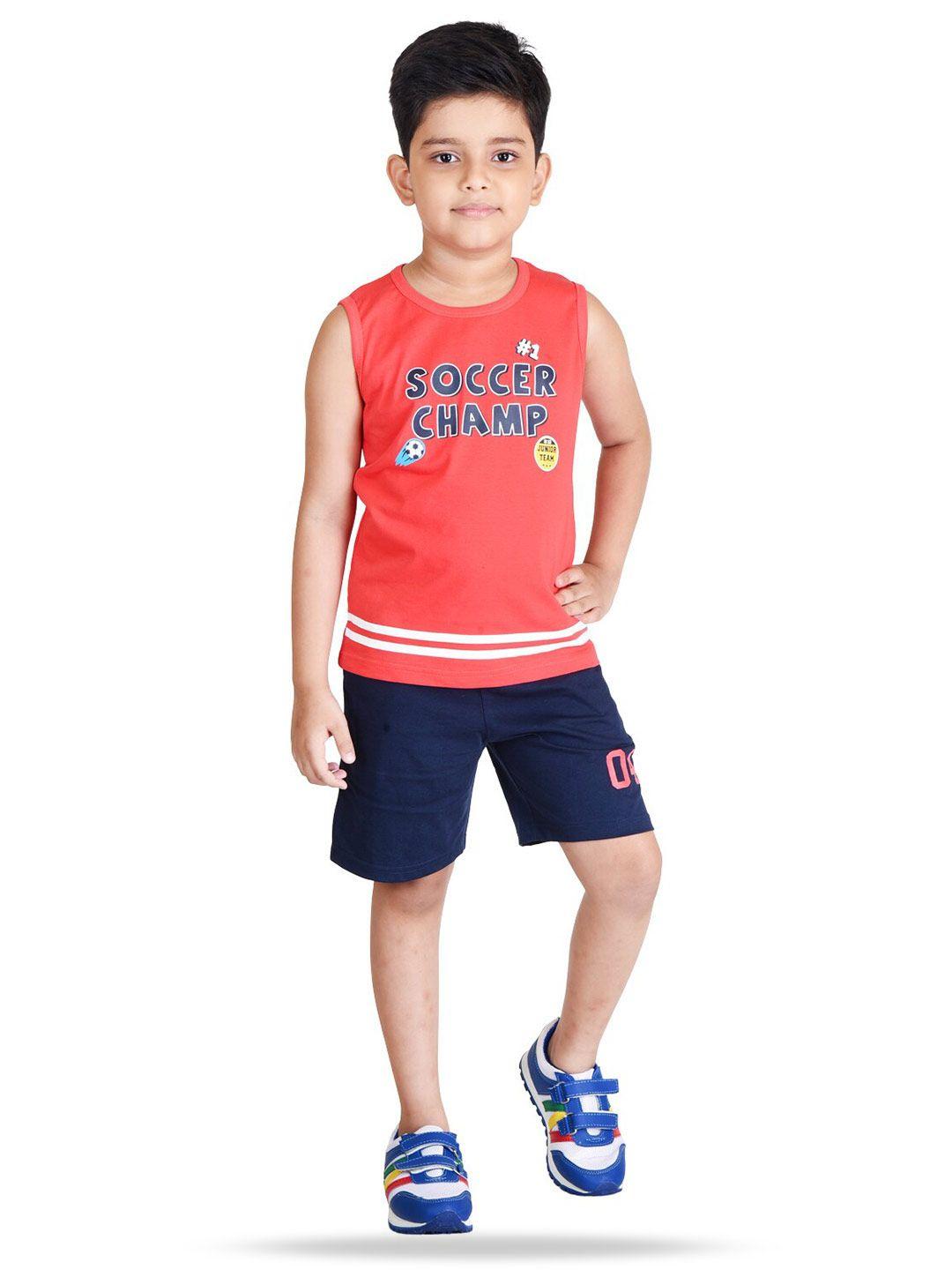clothe funn boys coral & navy blue printed t-shirt with shorts
