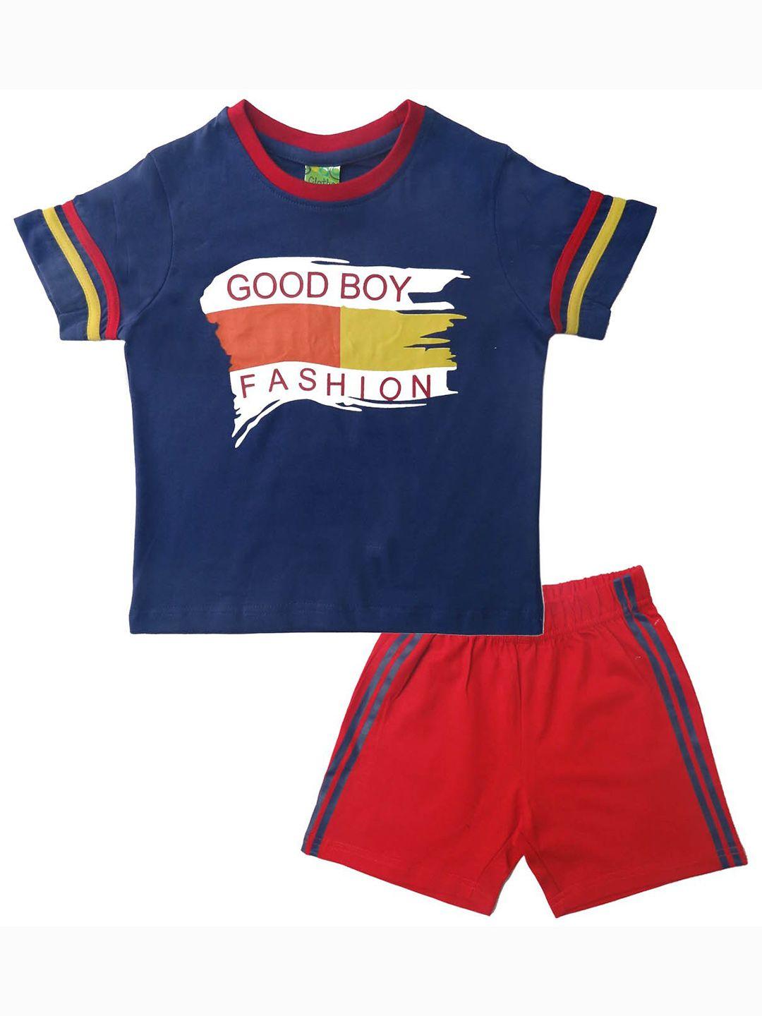 clothe funn boys navy blue & red printed t-shirt with shorts