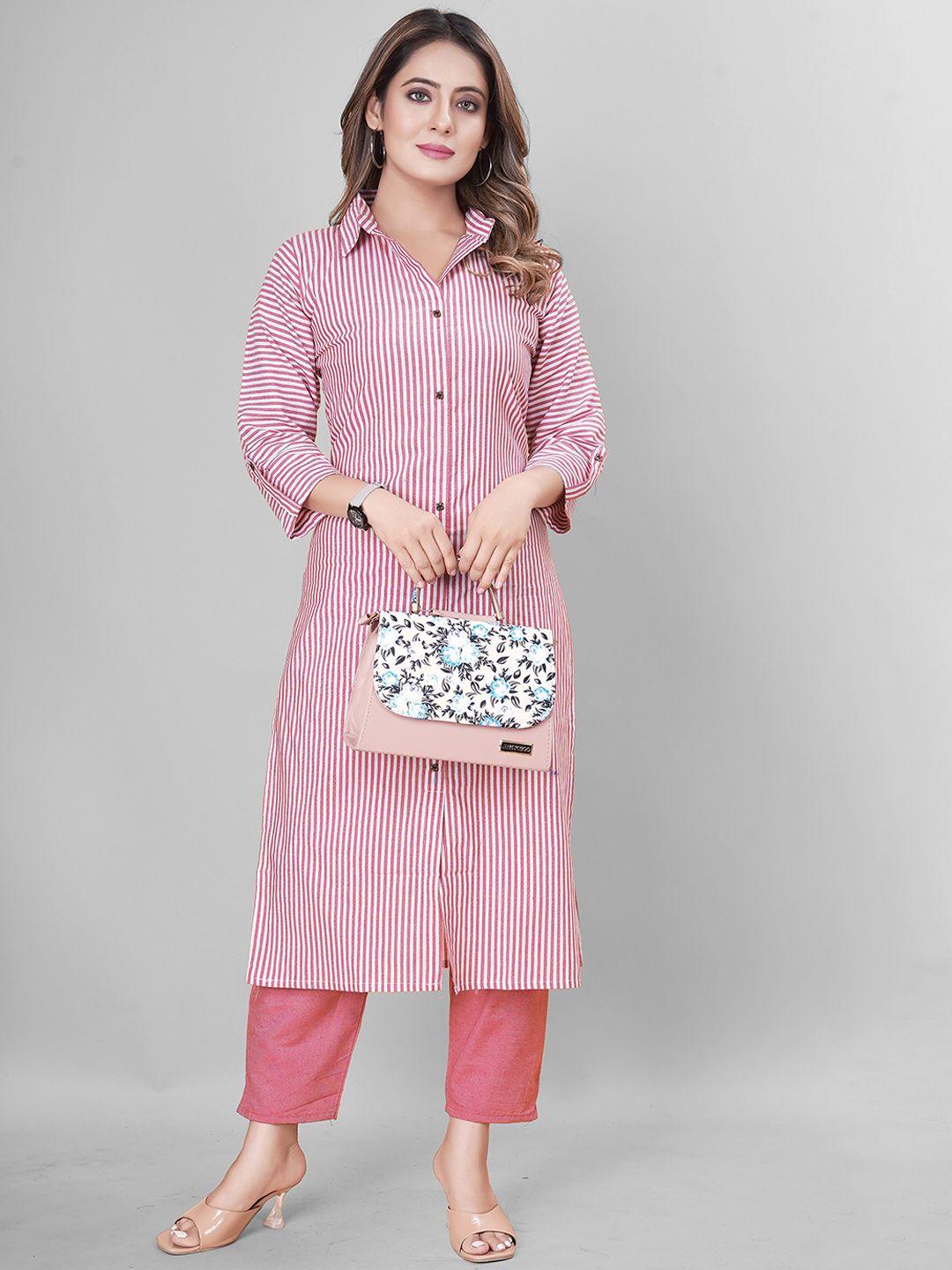 clothing junction striped shirt collar pure cotton kurta with trousers
